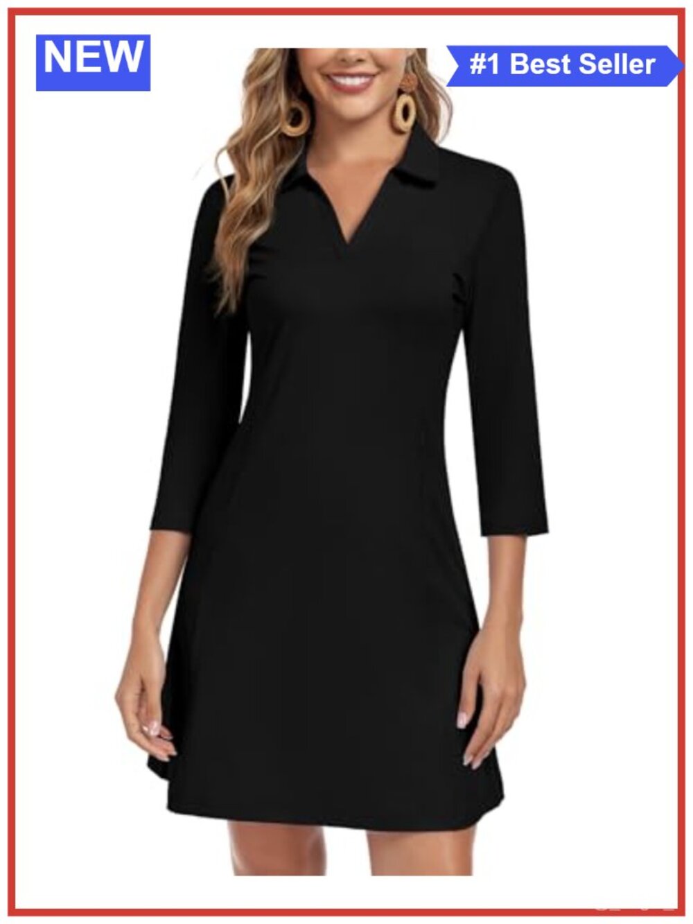 3/4 Sleeve V-Neck Casual Sun Dress with Pockets UPF 50+ Quick Dry